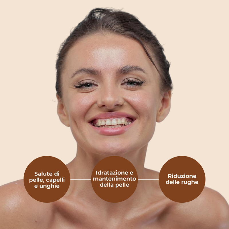 Woman with a clear complexion on a beige background with text about skin care benefits.