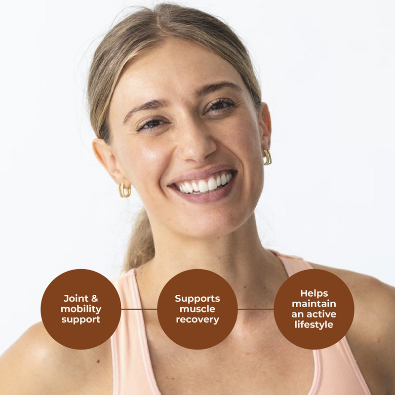 Woman with text bubbles indicating joint and mobility support, muscle recovery, and active lifestyle benefits.