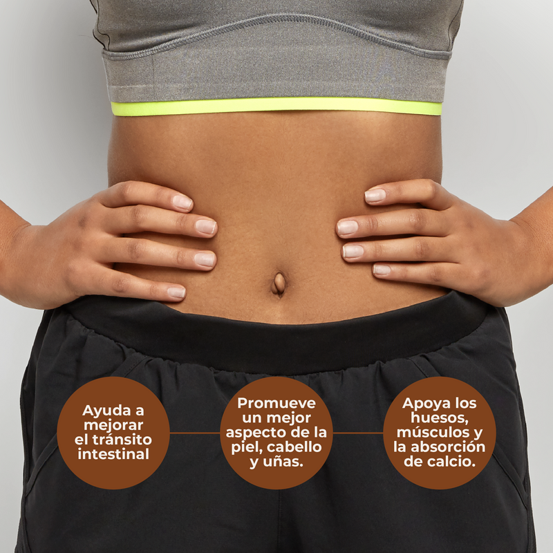 Person wearing black and gray athletic pants with text about health benefits on a gray background