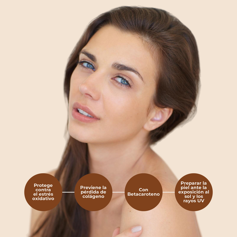Woman with brown hair and blue eyes against a beige background with text about skincare benefits.