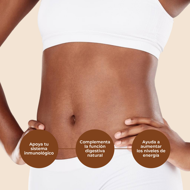 Person wearing a white tank top with text about health benefits on a beige background