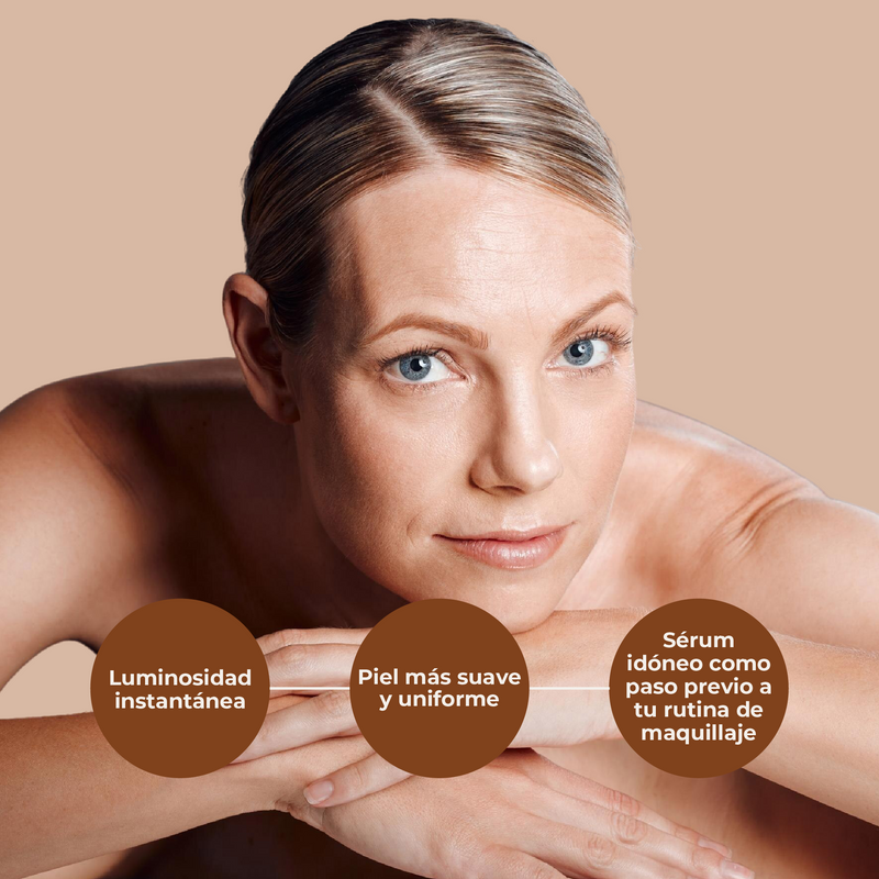 Woman with smooth skin showing benefits of a skincare product on beige background