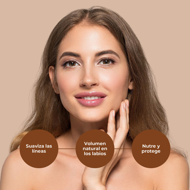 Woman with smooth skin on a beige background with text about skincare benefits.