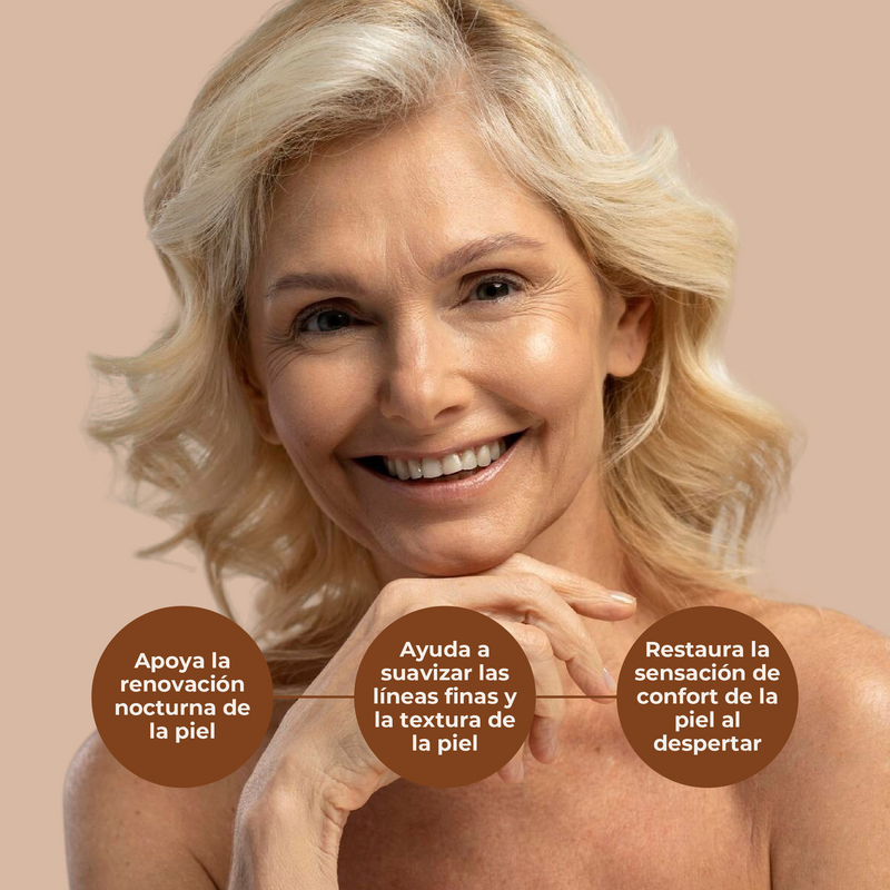 Woman with smooth skin on a beige background with text about skin care benefits.