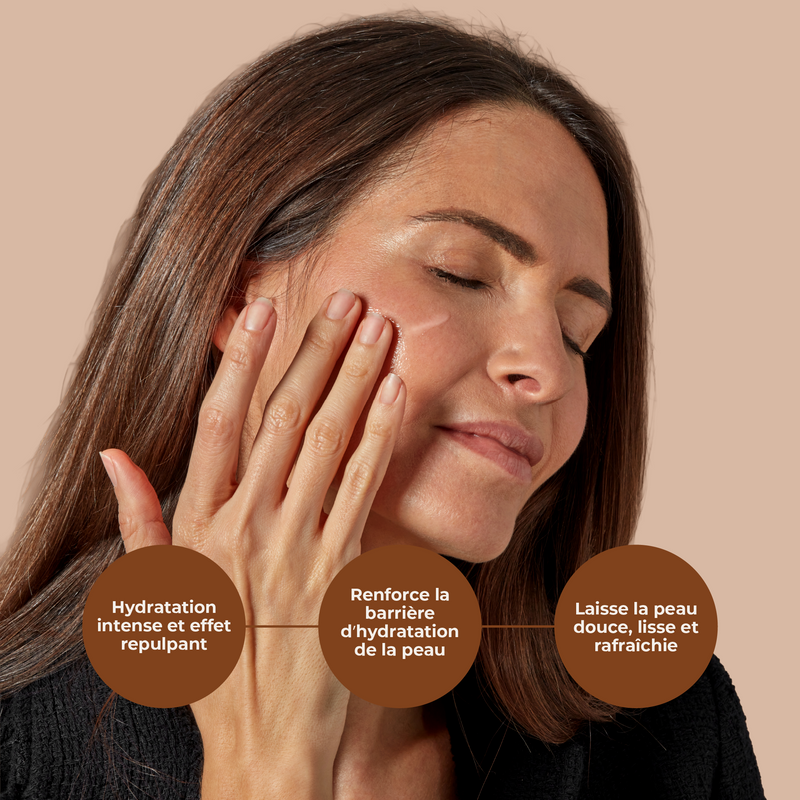 Woman applying skincare product with text on a beige background