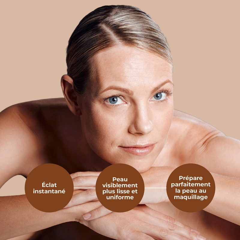 Woman with smooth skin holding her hands, with text on a beige background