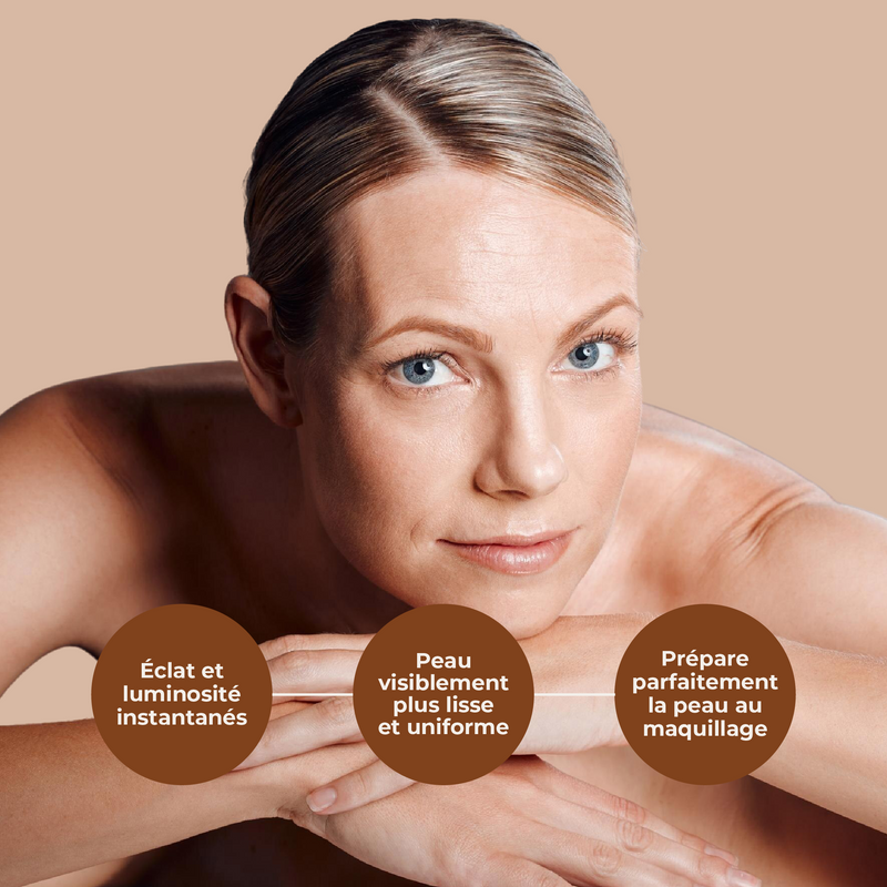 Woman with smooth skin on a beige background, promoting instant radiance, smoother skin, and perfect skin-prep for makeup.