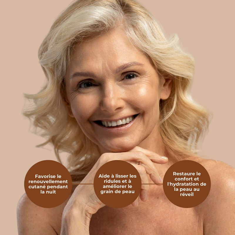Woman with smooth skin on a beige background with text about skincare benefits.