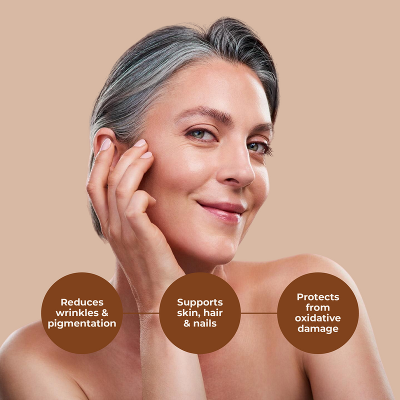 Woman touching her face with text about skincare benefits on a beige background