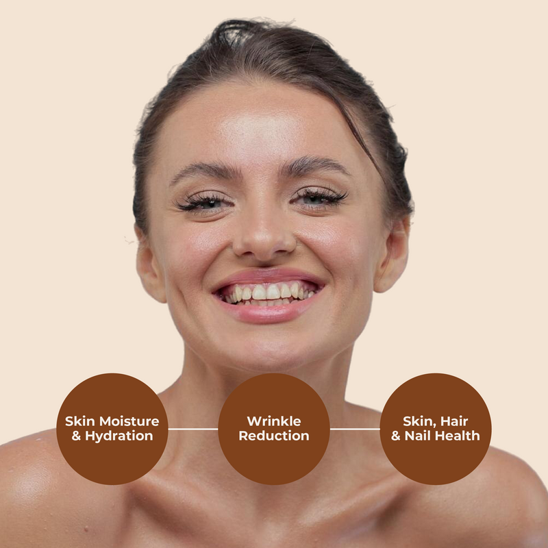 Woman with text labels on her face for skin moisture, wrinkle reduction, and hair/nail health.