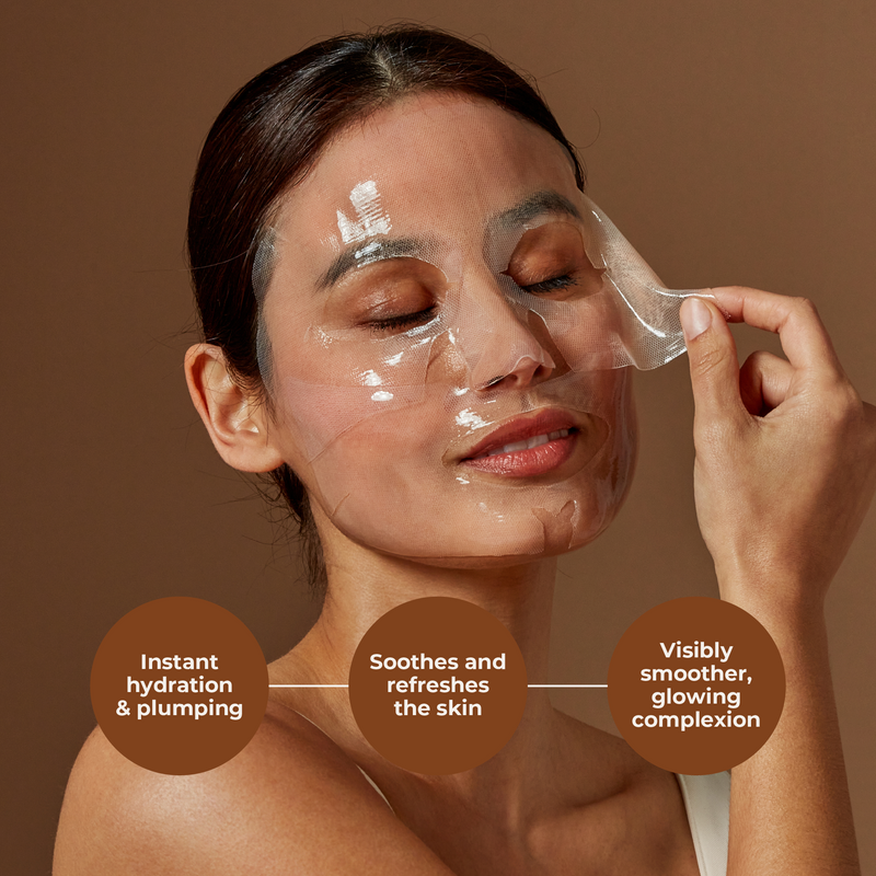 Woman applying a facial mask with text highlighting benefits on a brown background