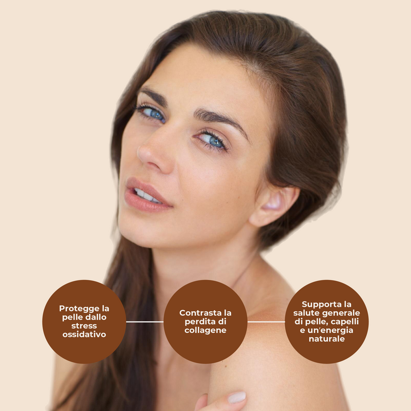 Woman with text bubbles about skincare benefits on a beige background