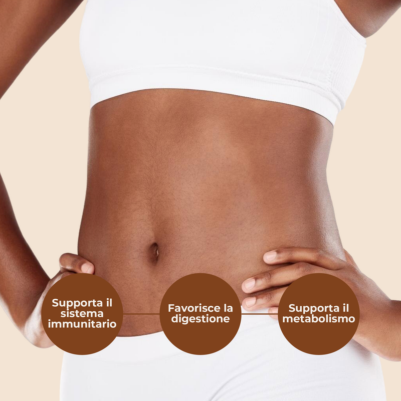 Person wearing a white tank top with text on brown circles about health benefits.
