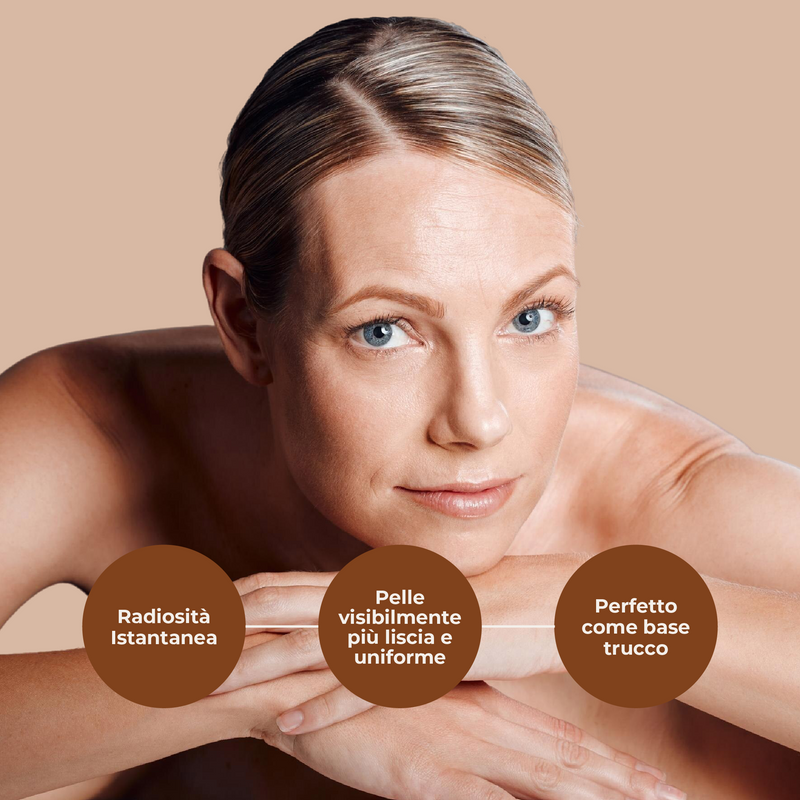 Woman with smooth skin on a beige background, showcasing skin care benefits.