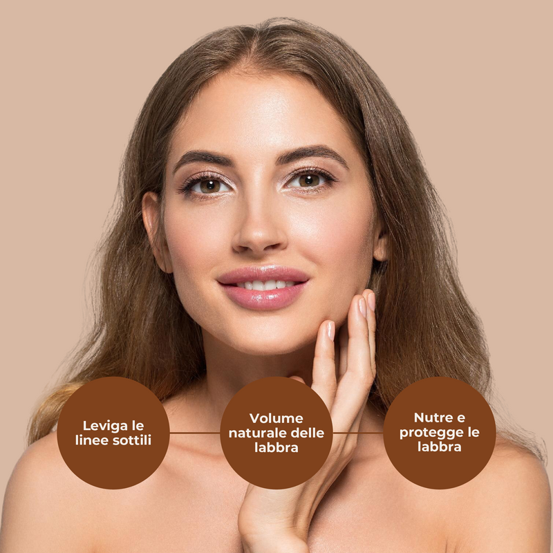 Woman with smooth skin on a beige background with text in Italian.