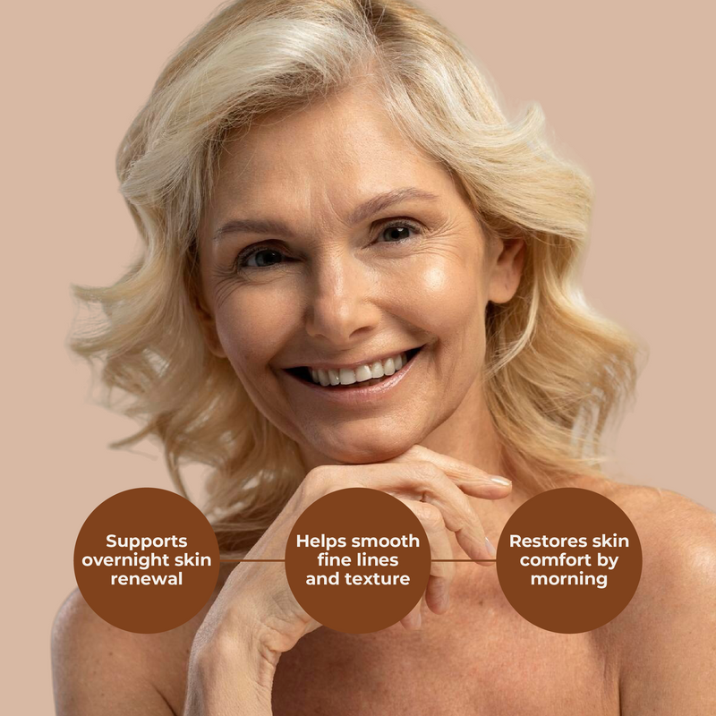 Woman with smooth skin on a beige background with text about skincare benefits