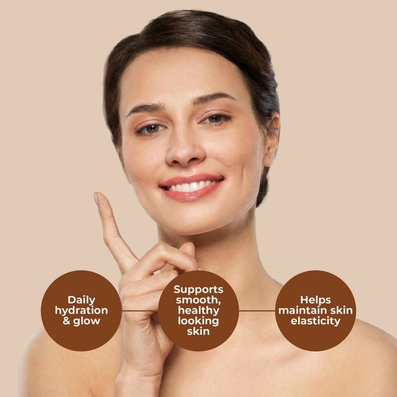 Woman pointing to her face with text about skin care benefits on a beige background