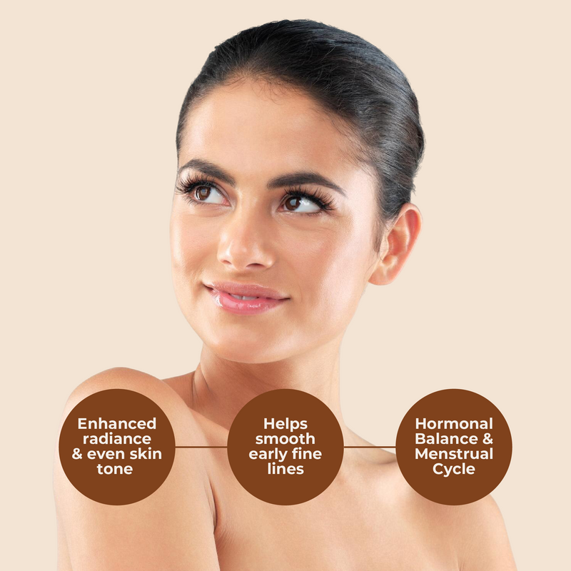Woman with text highlighting skin benefits on a beige background
