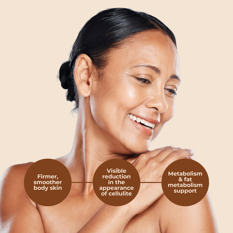 Woman with text bubbles indicating skin benefits on a beige background