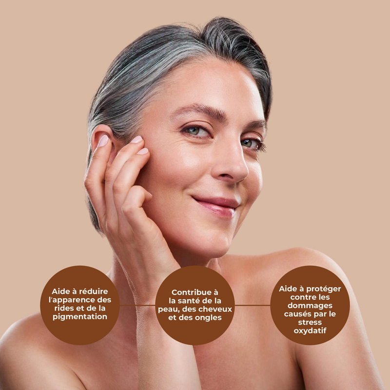Woman touching her face with text about skin health benefits on a beige background