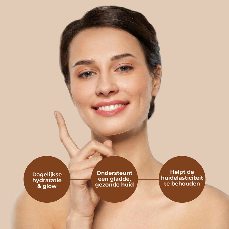 Woman pointing to her face with text about skin care benefits on a beige background