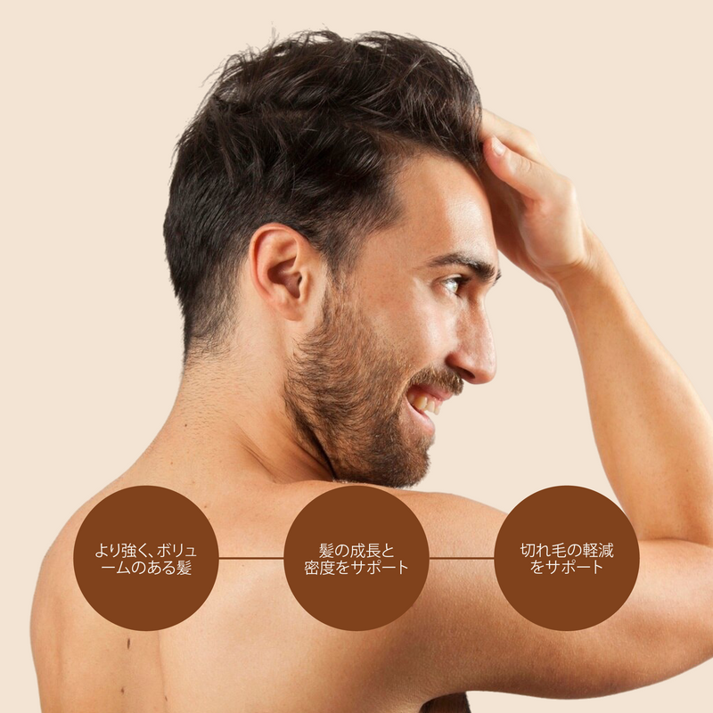Man with a beard and short hair, touching his head, on a beige background