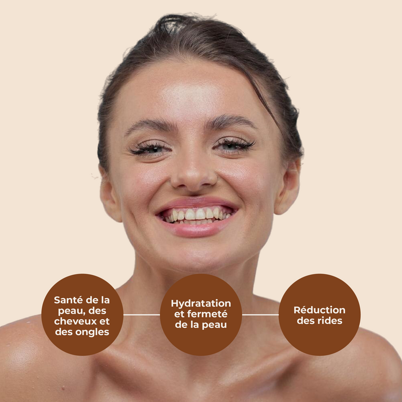 Woman with a beige background and text about skin, hair, and nail health, hydration, and skin firmness.