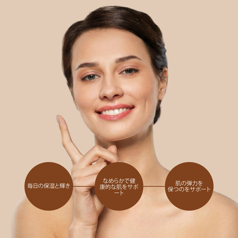 Woman pointing to her face with three brown circles and text on a beige background