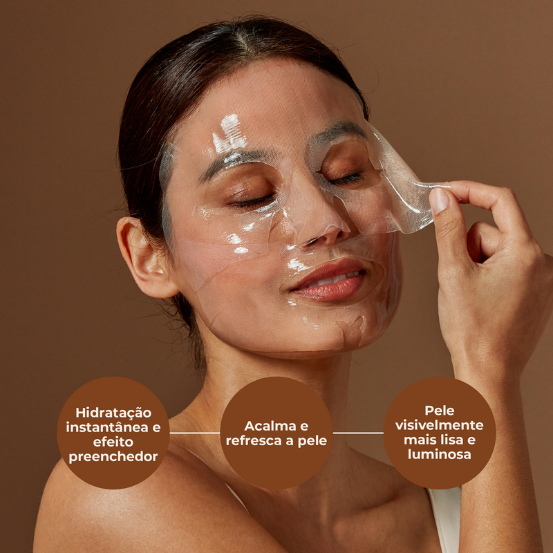 Woman applying a facial mask with text describing its benefits on a brown background