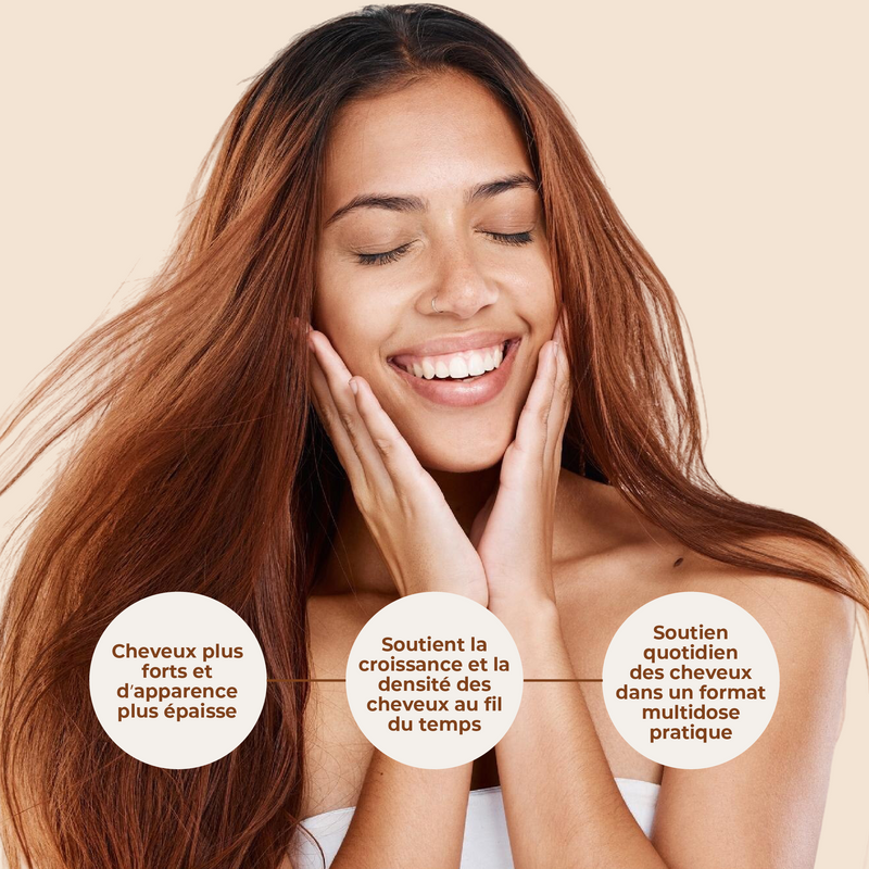 Woman with long brown hair against a beige background with text about hair care.