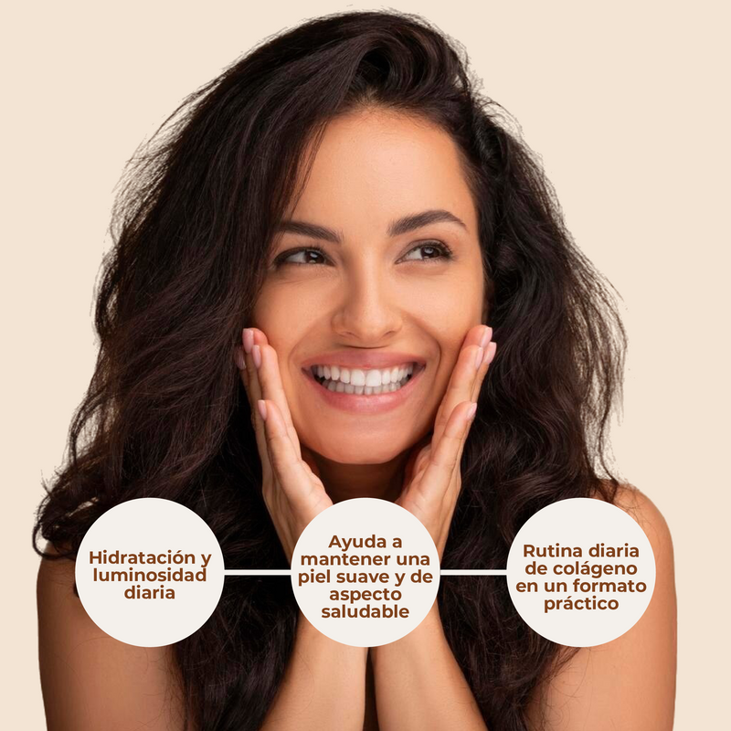 Woman with a radiant smile and text about daily hydration and collagen routine on a beige background