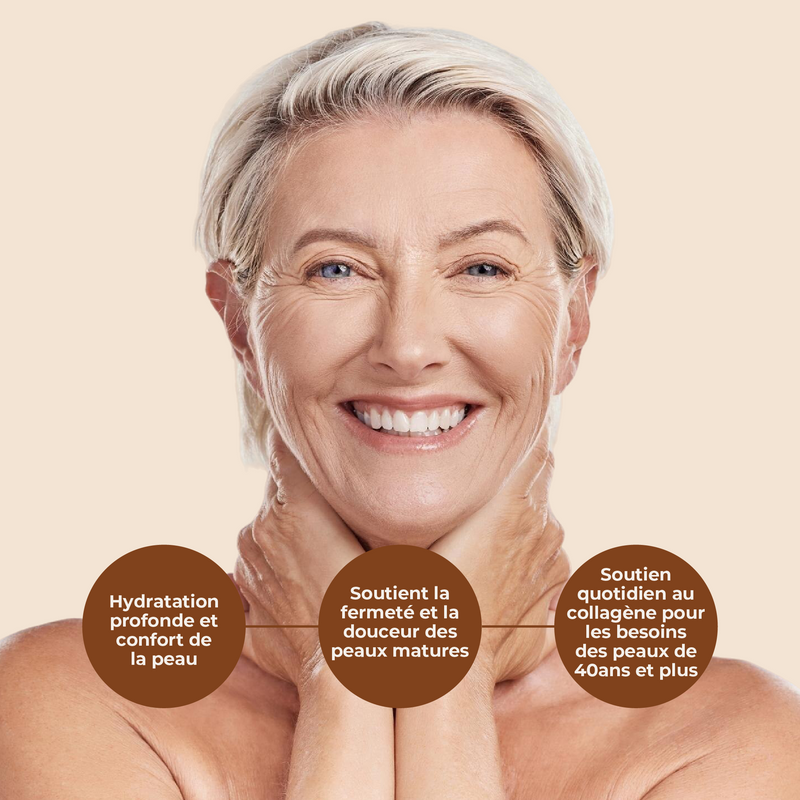Woman with a smooth complexion on a beige background, featuring text about skin care benefits.