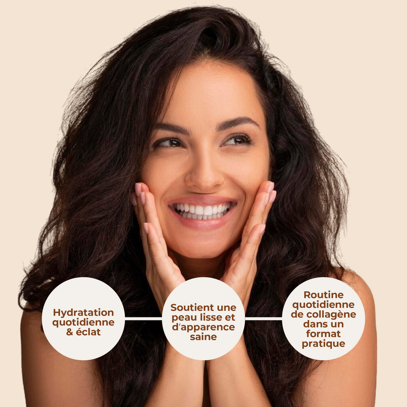 Woman with a radiant smile and text about daily hydration and skin care routine on a beige background