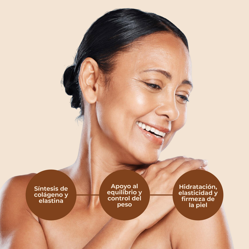Woman with smooth skin on a beige background with text about skin care benefits.