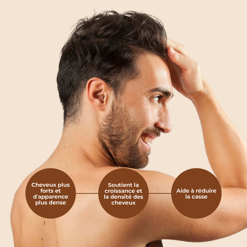 Man with a beard and short hair, touching his head, on a beige background with text about hair care benefits.