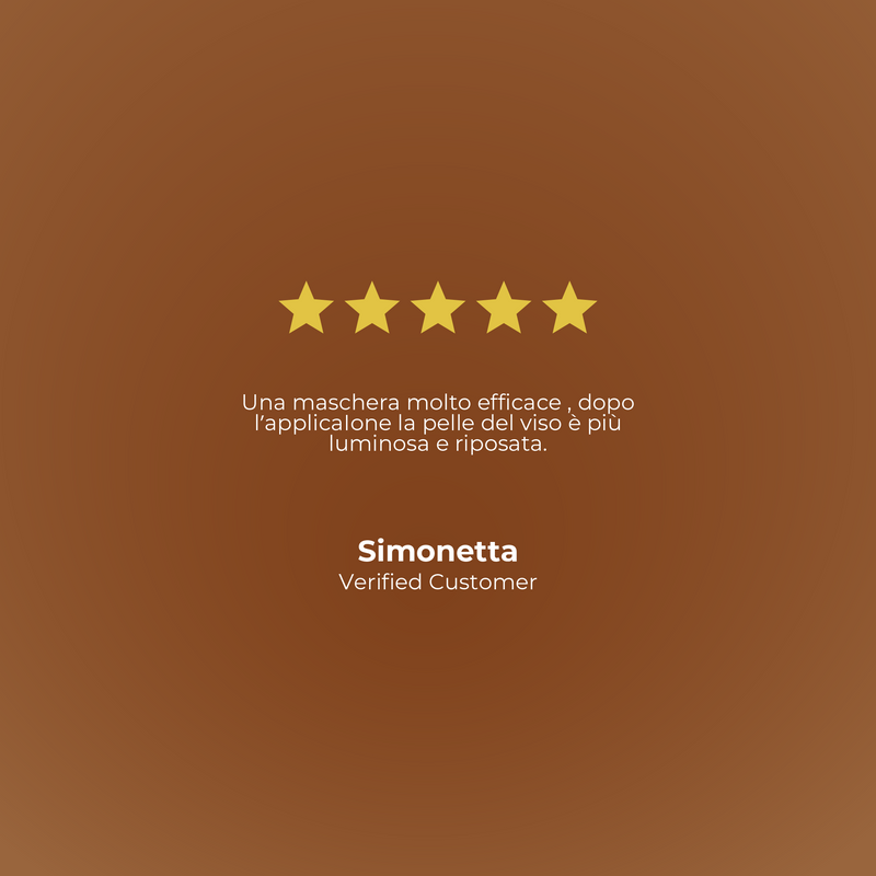 Five-star rating with a review on a brown background, featuring the brand 'Simonetta'.