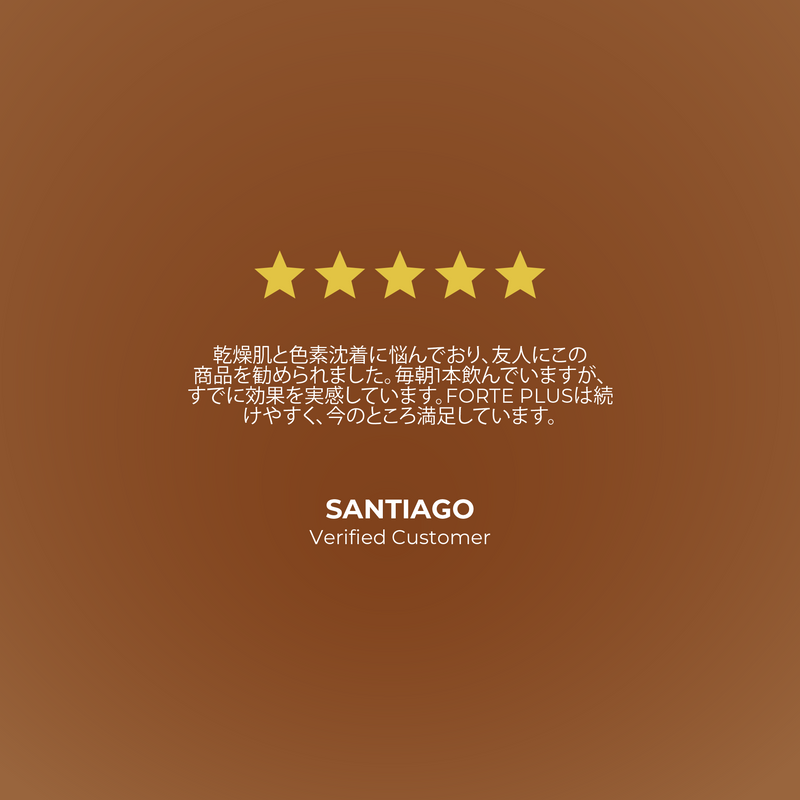 Five-star rating with a review from a verified customer on a brown background, featuring the brand 'Santiago'.