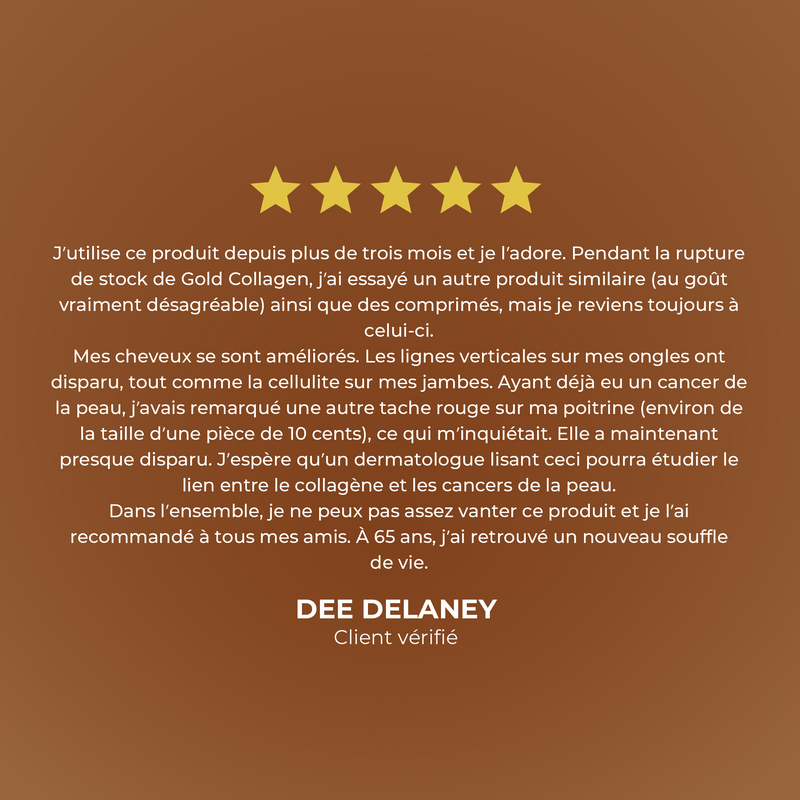 Five-star review on a brown background with text in French.