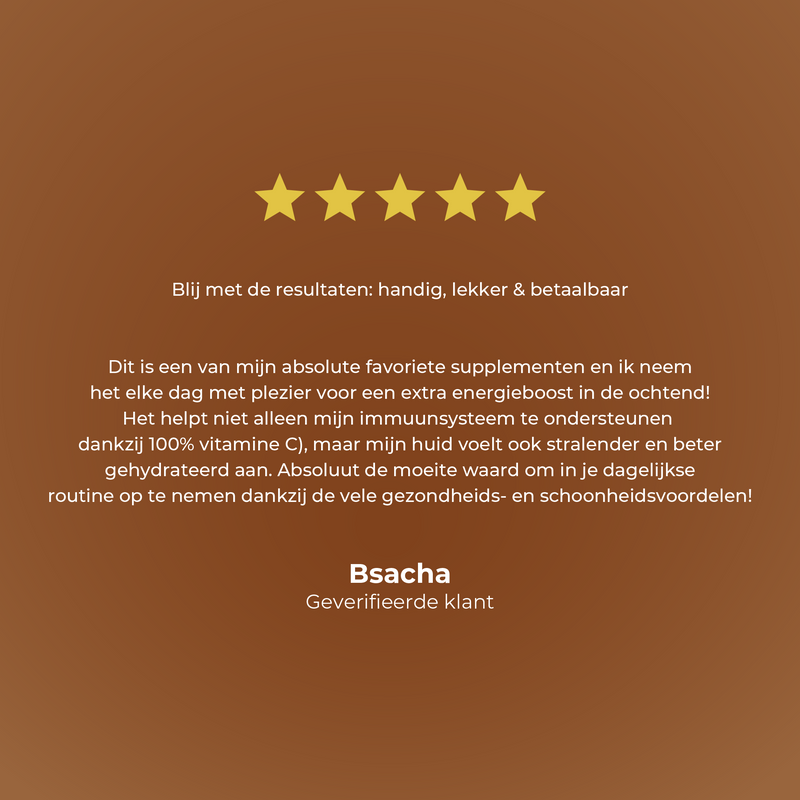 Five-star rating with a review on a brown background, featuring the brand 'Bsacha'.