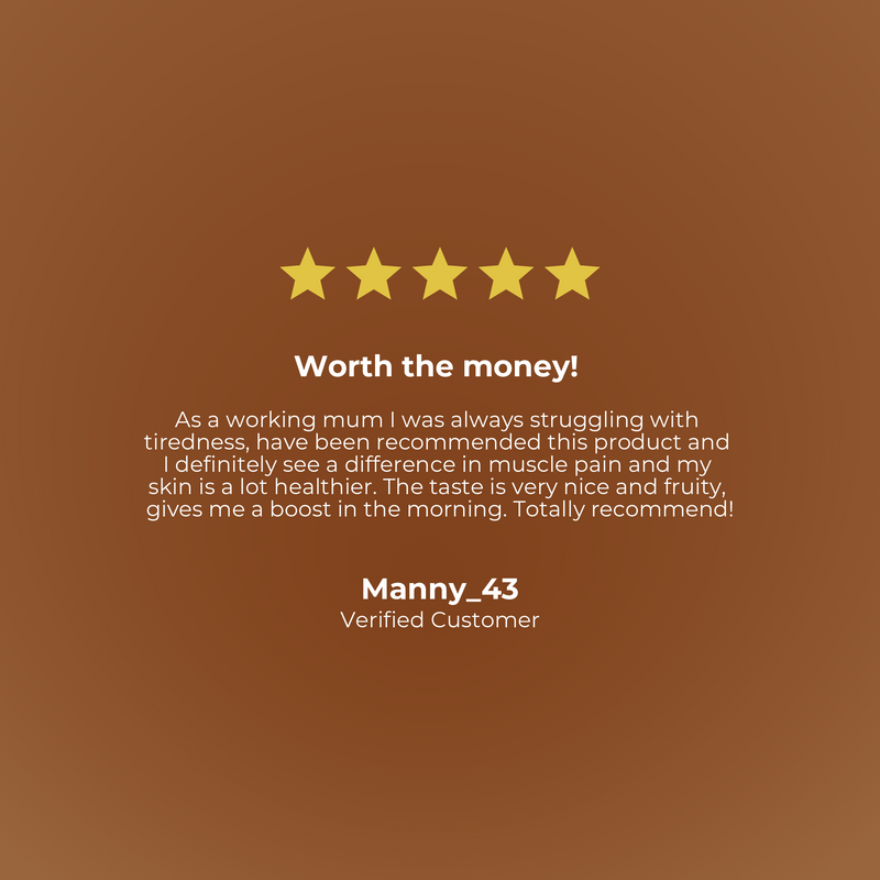 Five-star rating with a customer review on a brown background