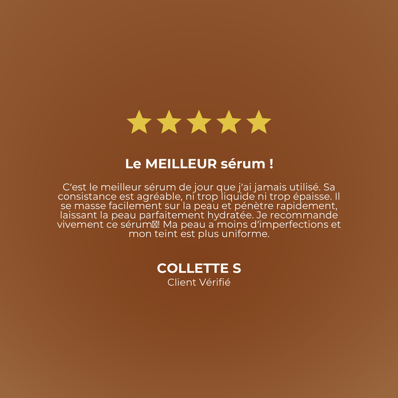 Five-star rating for a serum with a brown background and text in French.