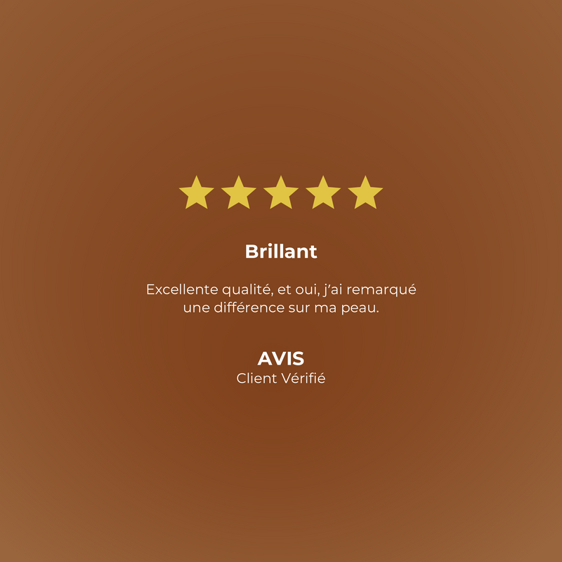 Five-star rating with a positive review on a brown background