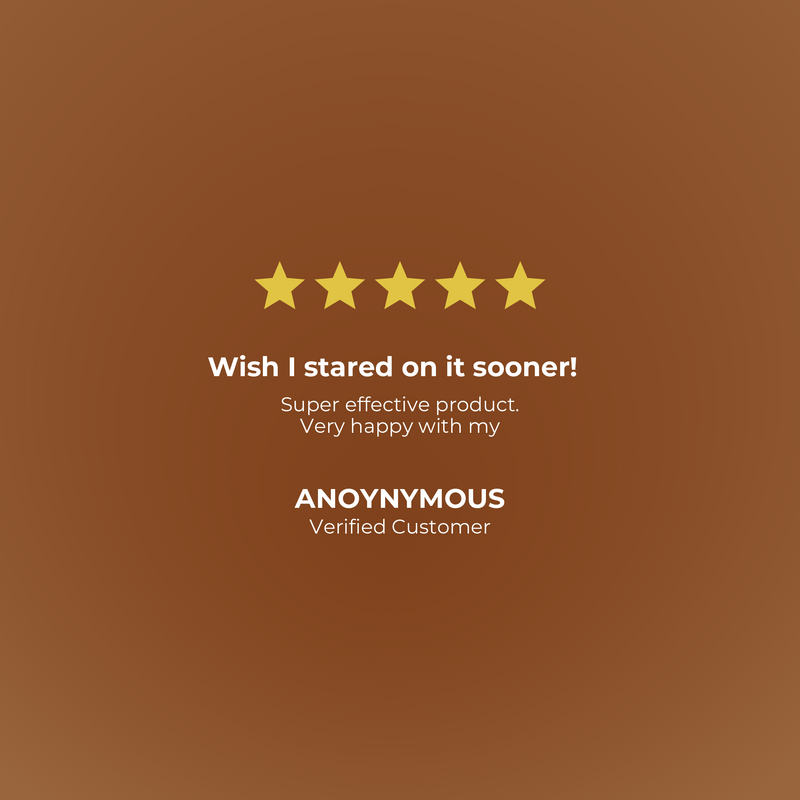 Five-star rating with a customer review on a brown background