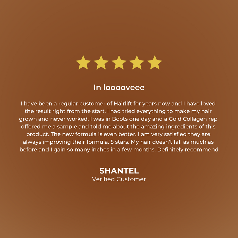 Five-star review for Hairlift on a brown background with customer name and title.