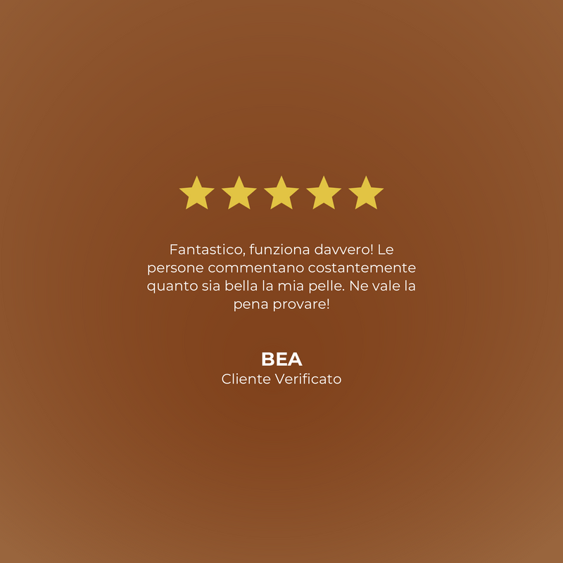 Five-star rating with a testimonial on a brown background, featuring the brand 'BEA'.