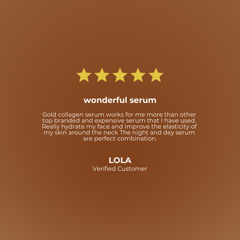 Five-star review of a gold collagen serum on a brown background, featuring the brand 'LOLA'.