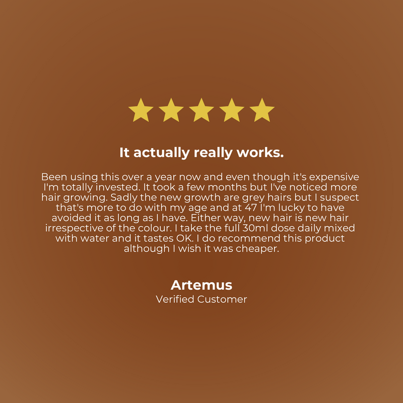Five-star review with customer feedback on a brown background