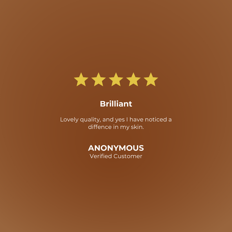 Five-star rating with a review on a brown background