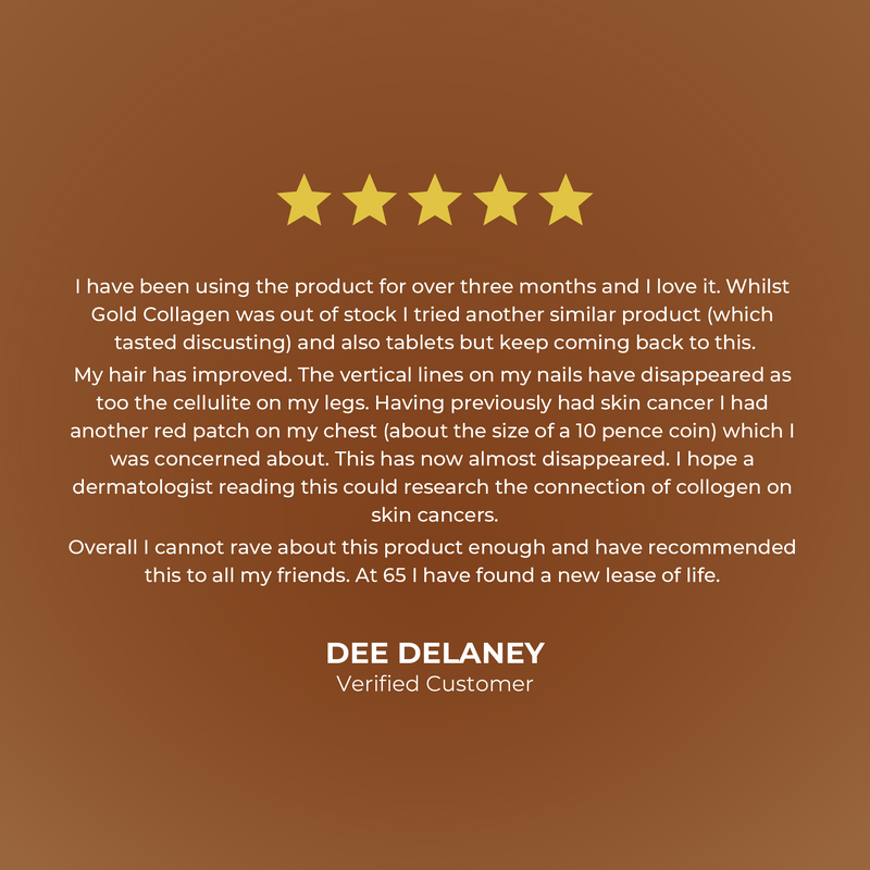 Five-star review on a brown background with text praising a product and its effects.