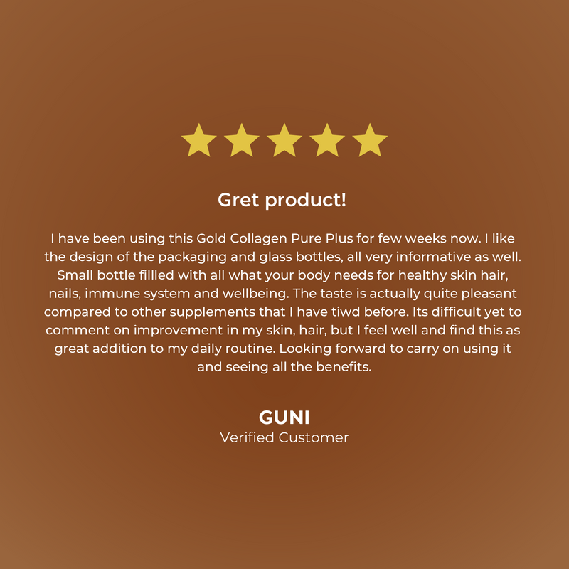 Five-star product review for Gold Collagen Pure Plus on a brown background